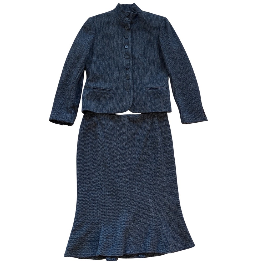 Lauren Ralph Lauren Gray Herringbone Wool Blend Skirt Suit Set Size 12 Mock Neck
